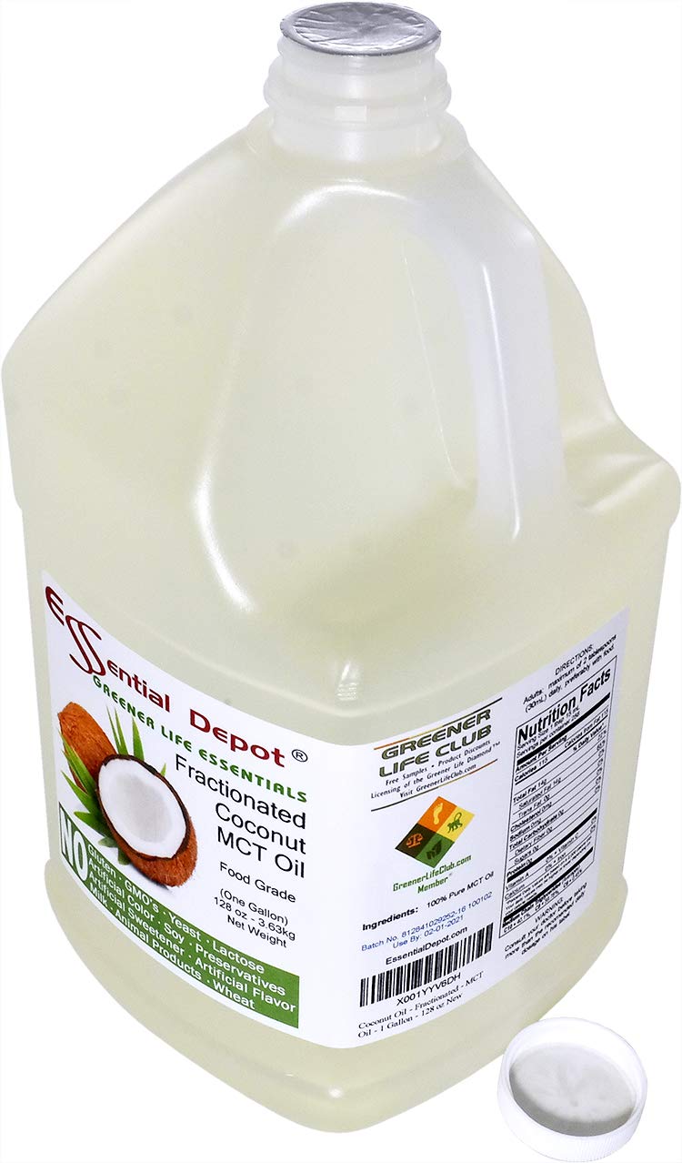 Coconut Oil - Fractionated - MCT (medium-chain triglycerides) - 1 Gallon (128 oz) - liquid - Food Grade - Safety Sealed Resealable HDPE Container, Microwave Safe (remove foil seal), Freezer Safe