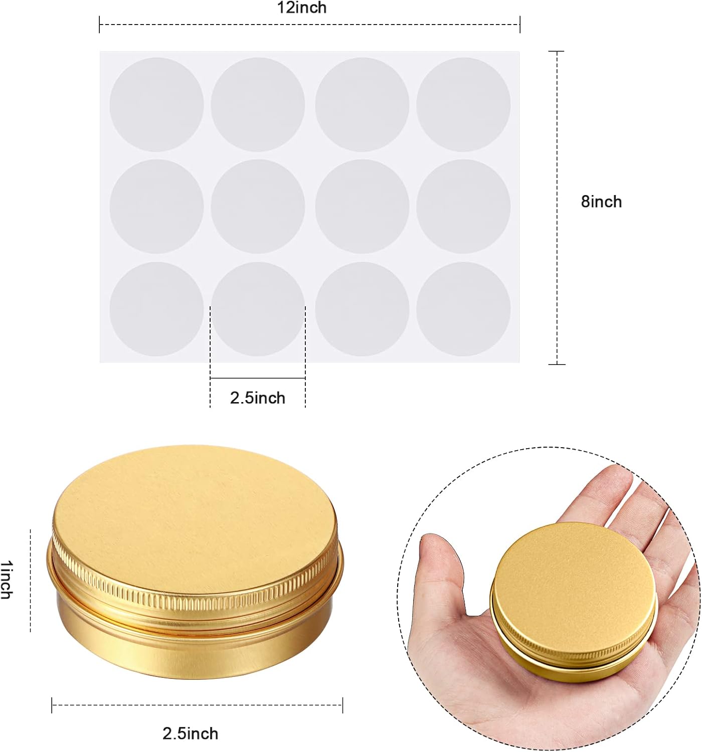 Patelai 2 oz Gold Metal Round Tins Aluminum Tin Cans Salve Tins Containers with Screw Lid 10 Sheets Stickers for Salve Spice Candies Balms Candles, 36 Pack (Classic Style)