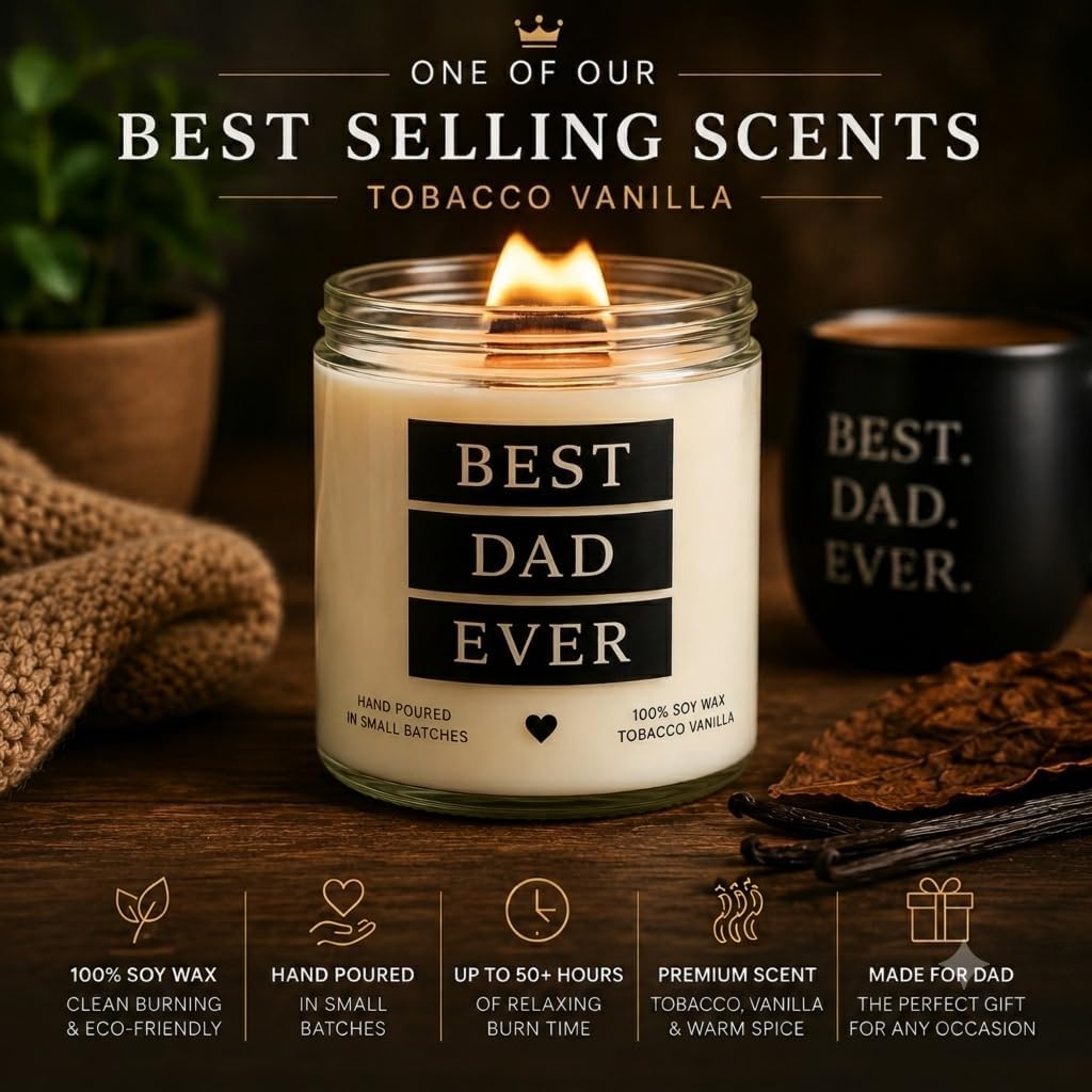 Best Dad Ever Candle, Tobacco Vanilla Scented Candle for Dad with Crackling Wood Wick, 100% Soy Wax Candle, Hand Poured Masculine Fragrance