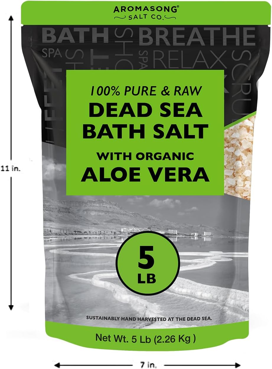 Aromasong 5 lbs Raw Dead Sea Salt with Organic Aloe Vera, not Cleaned, Still Contains All Dead sea Minerals Including Dead sea Mud, Fine Medium Grain Large resealable Bulk Pack (Packaging May Vary)