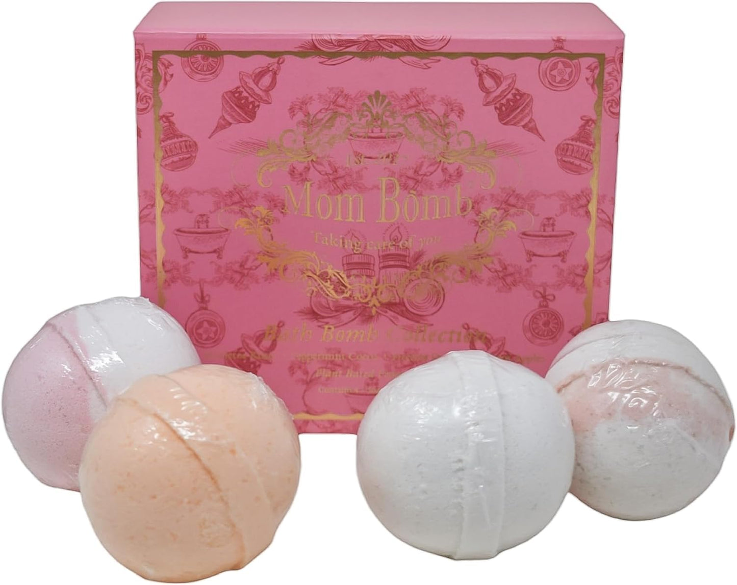 Mom Bomb Bath Bomb Gift Set (4) – Mistletoe Kisses, Peppermint Cocoa, Fireside Dreams & Warm Apples – Essential Oils, Plant-Based Scents – Made in USA – Gift for Women