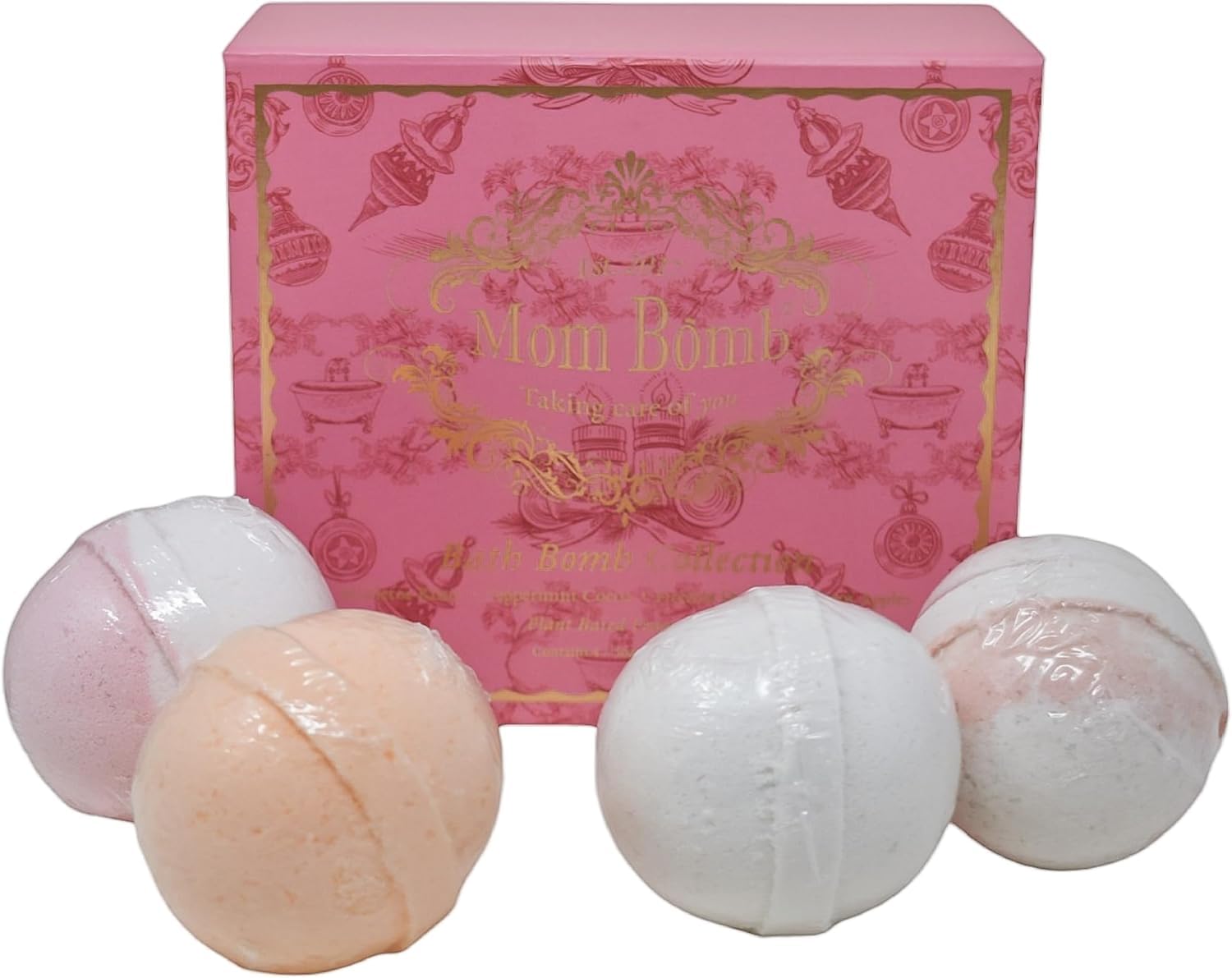 Mom Bomb Bath Bomb Gift Set (4) – Mistletoe Kisses, Peppermint Cocoa, Fireside Dreams & Warm Apples – Essential Oils, Plant-Based Scents – Made in USA – Gift for Women