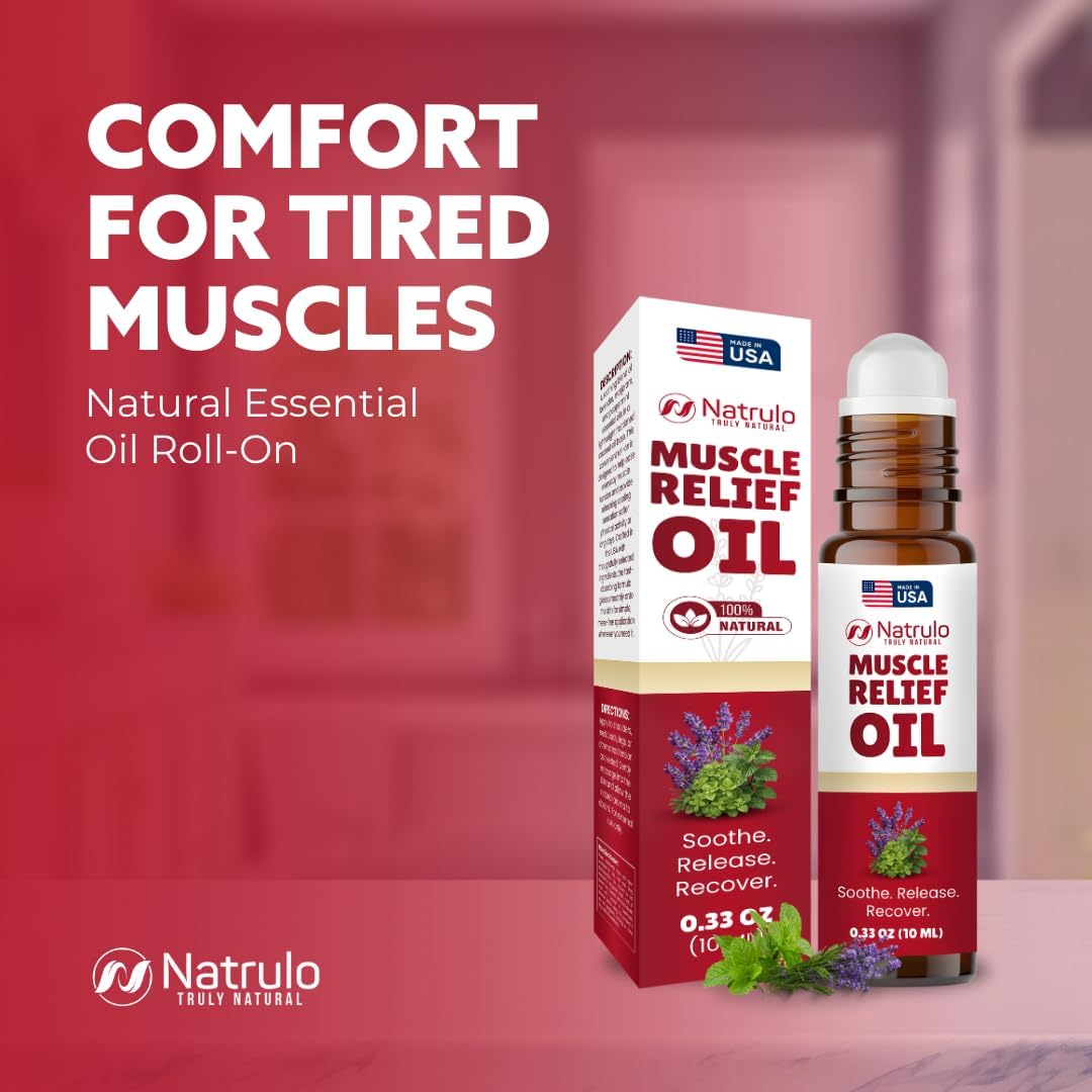 Muscle Relief Oil Roll-On – Cooling Essential Oil Roll On for Tired Joints, Muscles, Neck, Back, Shoulders & Feet – Peppermint, Lavender & Marjoram Massage Oil – Post Workout Muscle Rub – Made in USA