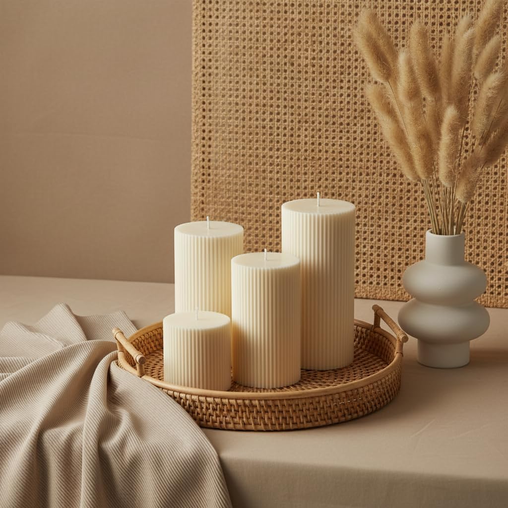 Pillar Candles Set of 4, Large Soy Wax Scented Pillar Candles Modern Home Decor for Bathroom Living Room, Ideal as Wedding, Parties, Spas, Dinner, Home Decoration, Church (Cream)