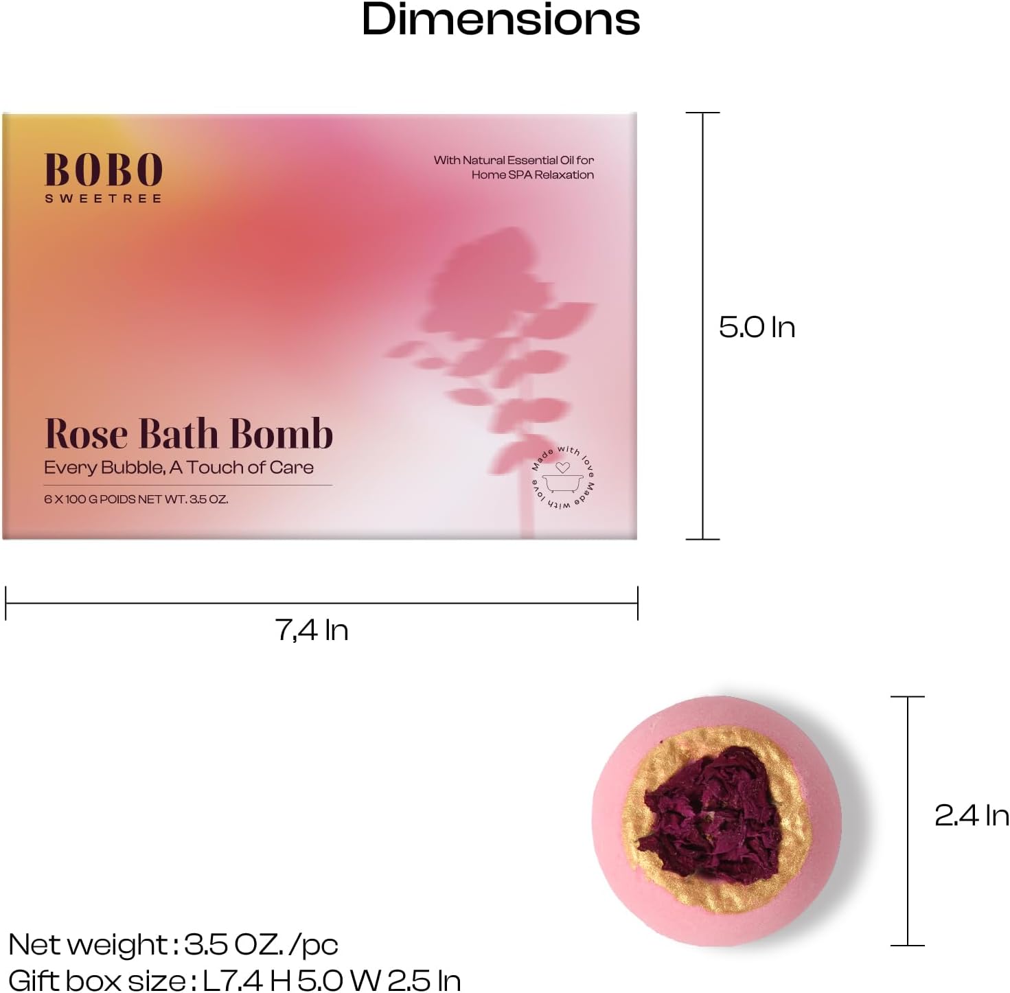 Rose Bath Bombs Gift Set for Women, 6 Pack with Whole Dried Rose | Romantic home spa relaxation, essential oils aromatherapy, birthday anniversary presents for mom, wife, girlfriend