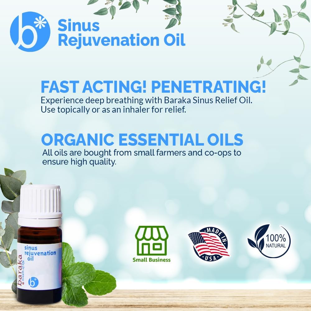 Baraka Sinus Rejuvenation Oil – Blend of 6 Organic Essential Oils for Clear Nasal Breathing, Eases Sinus Pressure, & Offers Relaxing Nasal Health Support | Ideal for Daily Use – 4ml (2-Pack)
