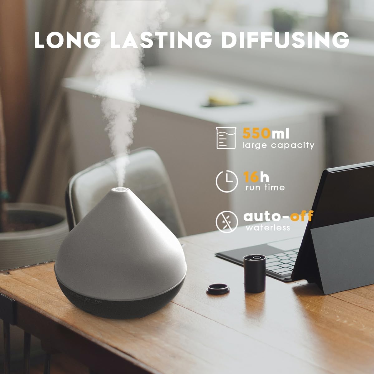 550ml Large Capacity Diffuser with Essential Oils, Aromatherapy Ultrasonic Air Humidifier for Bedroom, 7 LED Lights, Timer and Waterless Auto-Off for Home Decor Gift,Office Spa