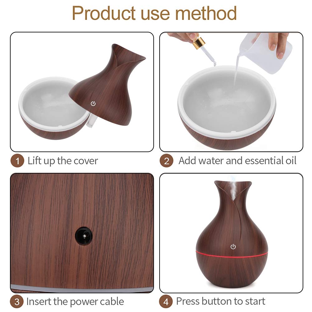 Essential Oil Diffuser, 130ml USB LED Ultrasonic Diffuser Essential Oil Diffuser Humidifier with 7 colors Portable Cool Mist Humidifier for Home Office.(Dark Wooden Grain)