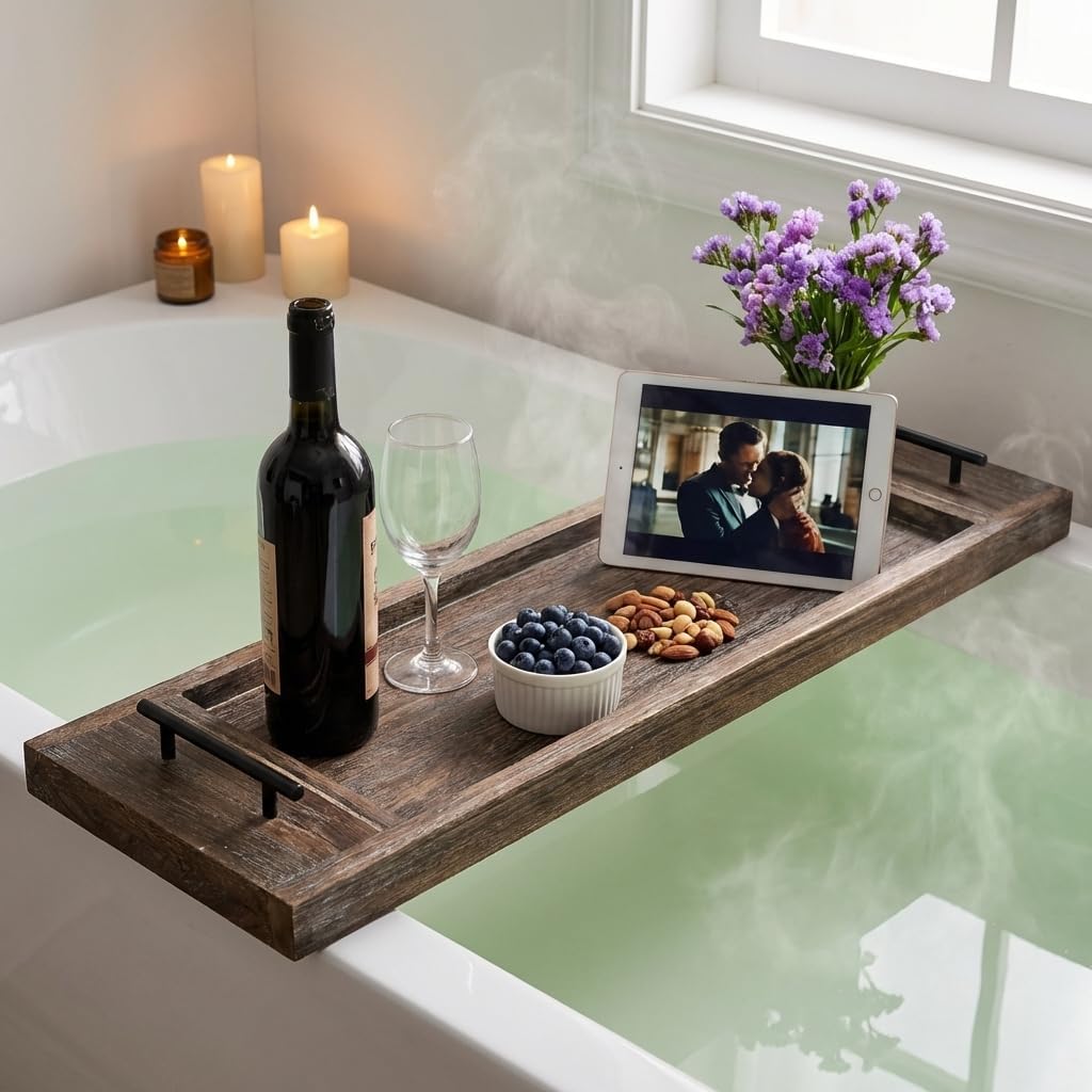 Hanobe Bathtub Tray Bath Caddy: Wood Bath Tub Trays Table Board - Rustic Bathtub Shelf Across Tub - Long Wooden Serving Tray with Handles for Bathroom, 31"