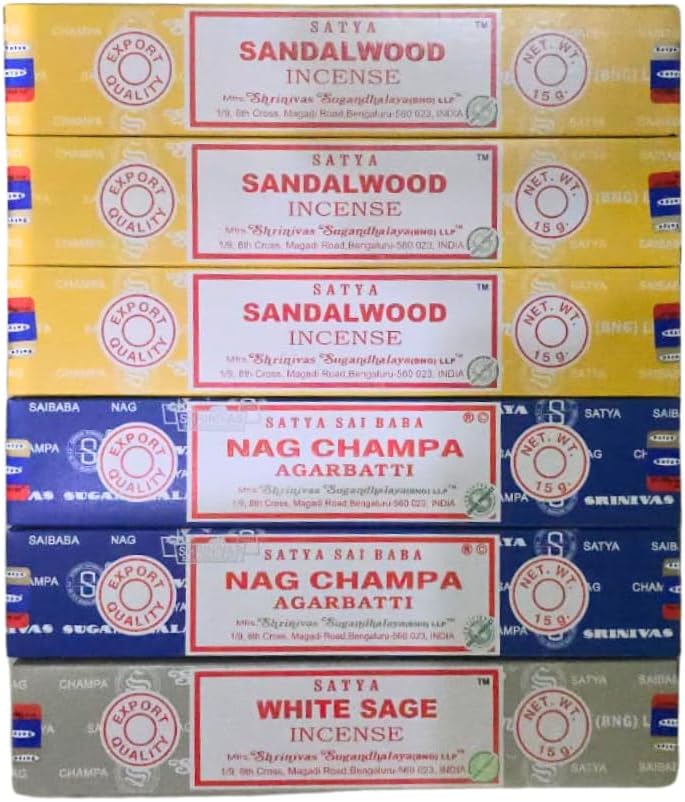 Satya Sandalwood, Nag Champa & White Sage with ANKCIENSE Incense Holder Pack of 3 fragrances Variety Pack of 90 Sticks Satya Nagchampa Natural Incense Insense Insence