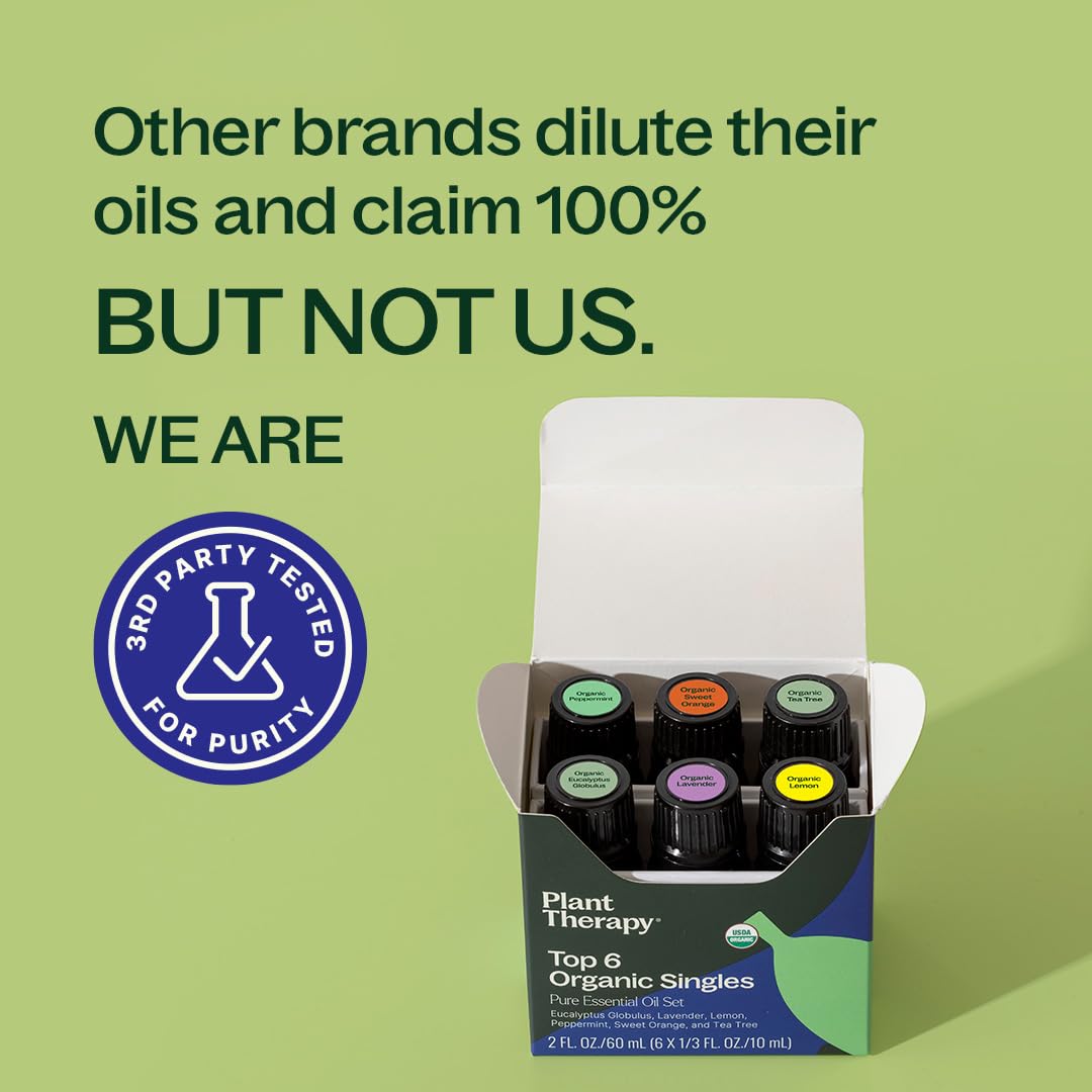 Plant Therapy Top 6 USDA Organic Essential Oil Set - Lavender, Peppermint, Eucalyptus, Lemon, Tea Tree 100% Pure, Natural Aromatherapy, for Diffusion & Topical Use, Therapeutic Grade 10 mL (1/3 oz)