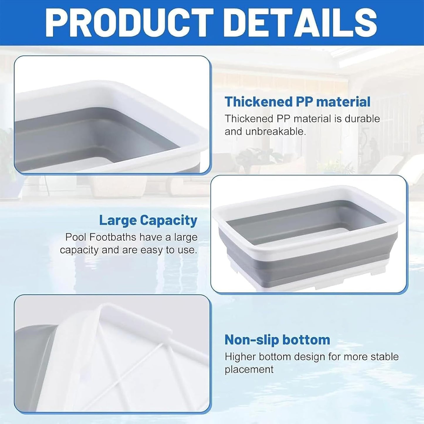 Pool Foot Bath Tray for Swimming Pool, Non- Slip Collapsible Foot Bath for Pool, Portable Foot Tub for Pool for Above Ground Pool Accessories, Rinse Feet Keep Pool Clean (Grey + White)