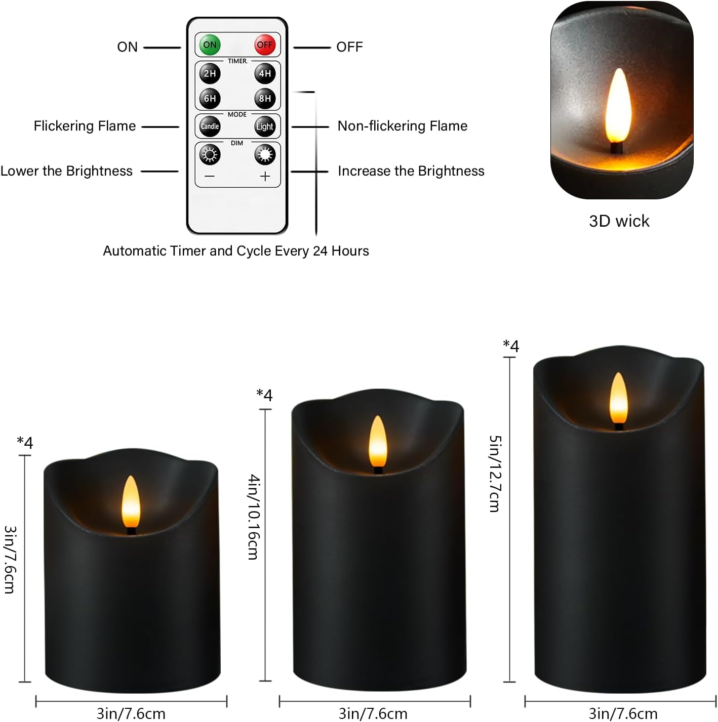 kakoya Flameless LED Candles Battery Operated with Remote and Timer,Flickering Electric Fake Plastic Pillar Candles Set of 12(D3 x H 3" 4" 5") Black