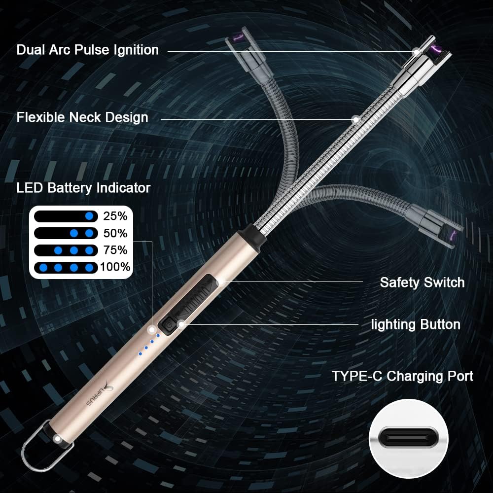 SUPRUS Electric Candle Lighter USB Type C Rechargeable Lighter Steel Shell & Hanging Hook with 360° Flexible Neck