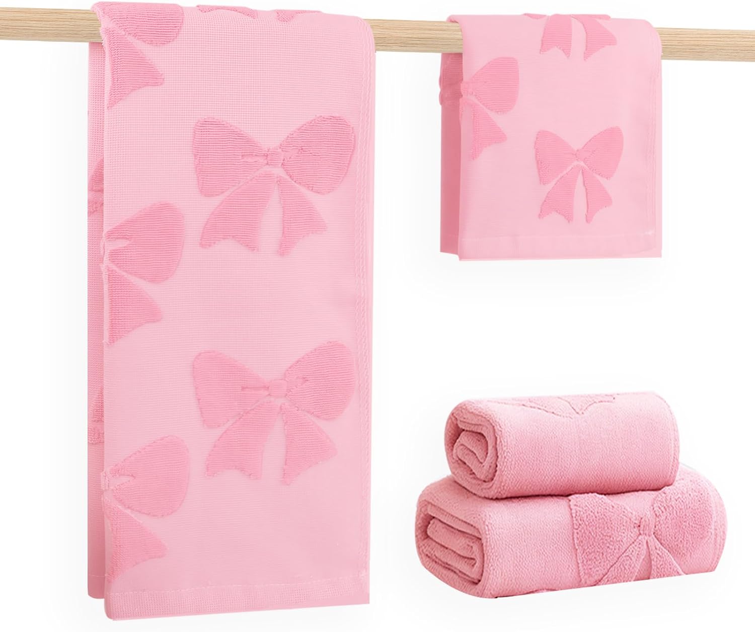 NZNDB 4 Pack Cotton Towel Set, Contains 2 Hand Towels 14x30in & 2 Wash Coths 14x14in, Pink Soft Bathroom Bow Towel Set, Highly Absorbent & Lightweight, Preppy Bath Decor Wedding Gift
