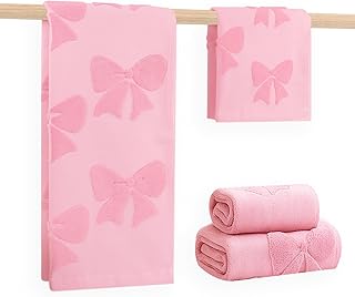 NZNDB 4 Pack Cotton Towel Set, Contains 2 Hand Towels 14x30in & 2 Wash Coths 14x14in, Pink Soft Bathroom Bow Towel Set, Highly Absorbent & Lightweight, Preppy Bath Decor Wedding Gift
