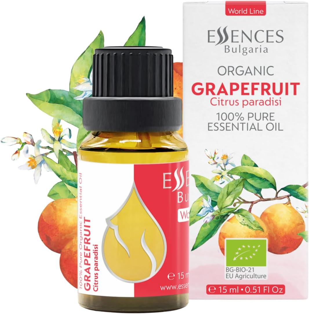 Essences Bulgaria Organic Grapefruit Essential Oil 0.51 Fl Oz 15ml Citrus paradisi 100% Pure Natural Undiluted Therapeutic Grade for Home Aromatherapy Home Diffuser Humidifier Hot Tub and Massage Oil