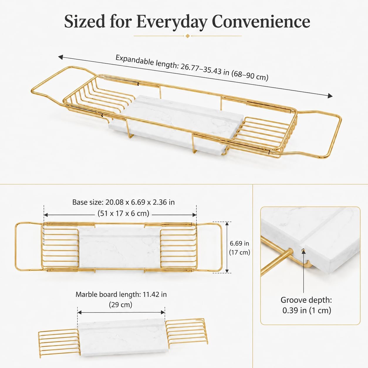 Expandable Bathtub Tray, Stainless Steel Bath Table Tray with Marble Board, Modern Luxury Bathtub Shelf for Bathrooms, Kitchen Sink (Gold + White)