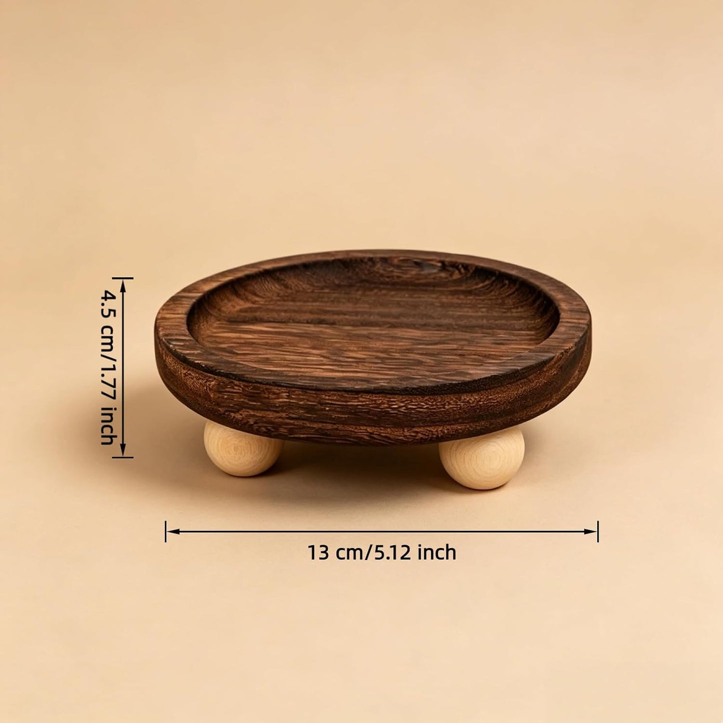 Round Wooden Jewelry Tray with Elevated Ball Feet, Rustic Trinket Ring Dish for Vanity, Keys Candles Small Decor Storage Organizer (Brown-Round)