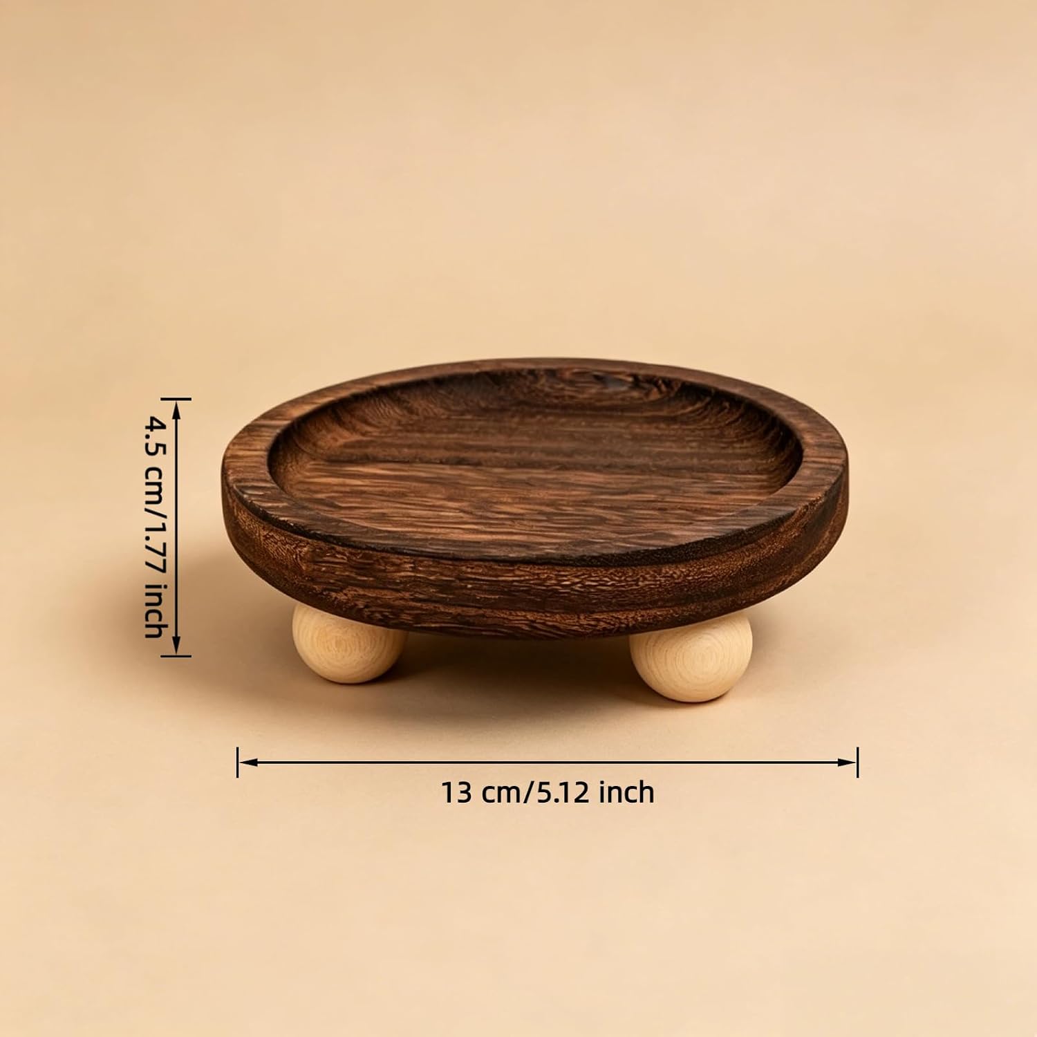 Round Wooden Jewelry Tray with Elevated Ball Feet, Rustic Trinket Ring Dish for Vanity, Keys Candles Small Decor Storage Organizer (Brown-Round)