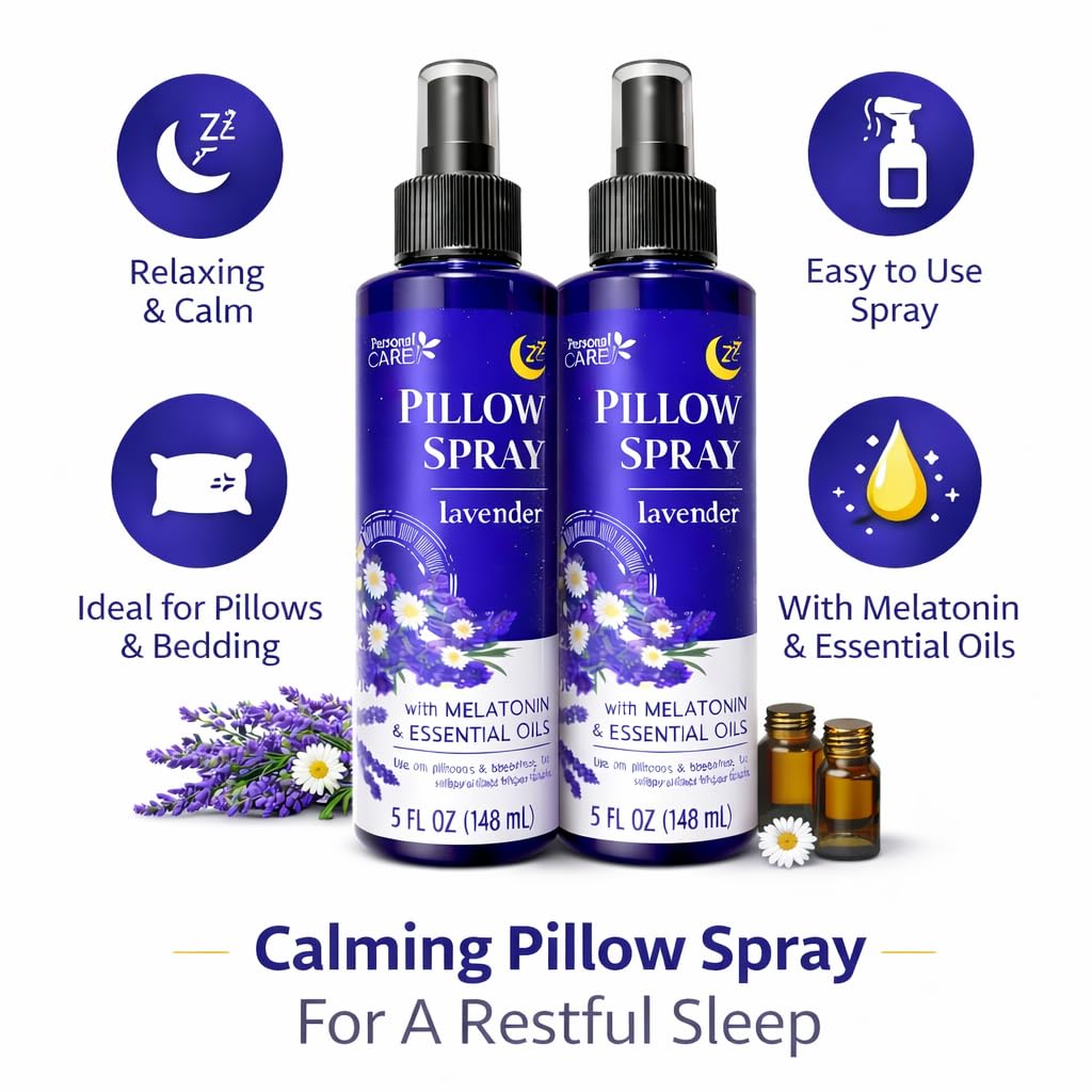 Lavender Pillow Spray with Melatonin & Essential Oils – Aromatherapy Mist for Bedtime Relaxation – Calming Lavender Scent – Linen Spray – 5 oz Bottles (Pack of 2)