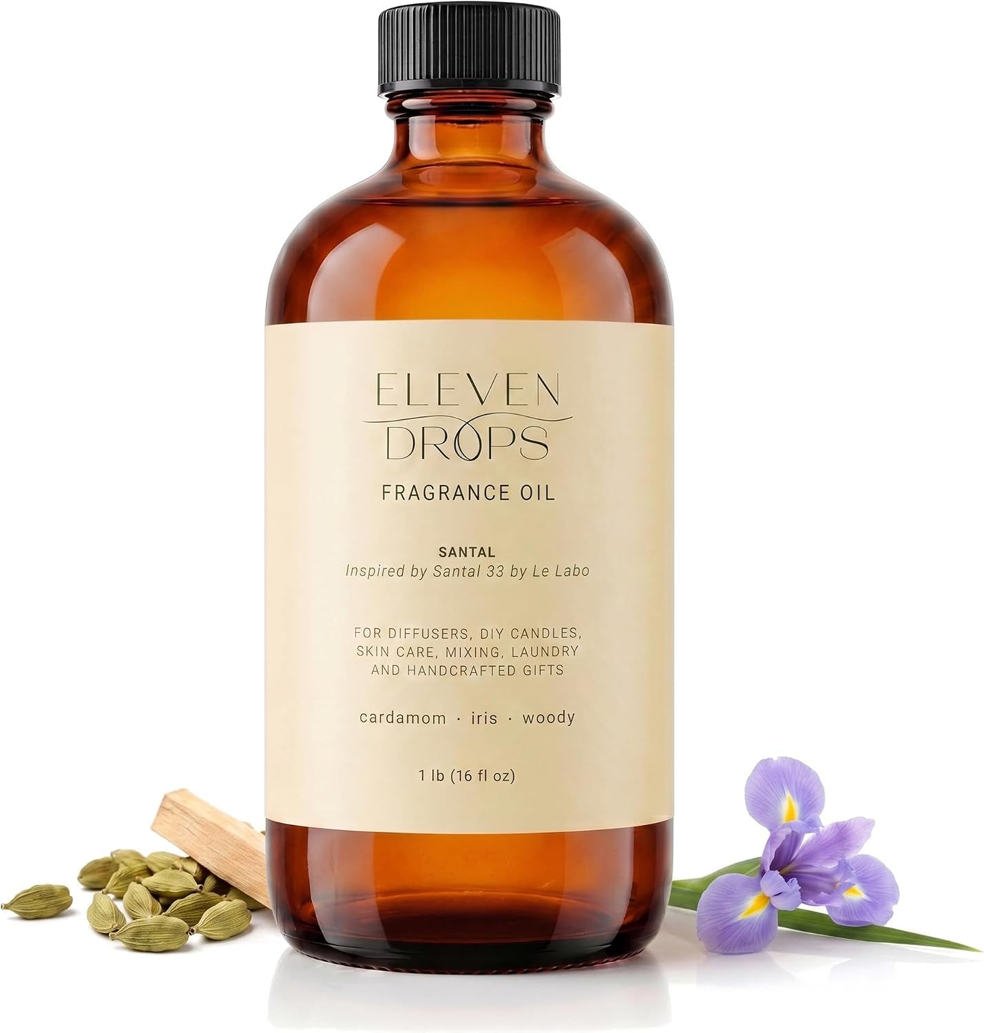 Santal Fragrance Oil | Cardamom, Iris & Woody Notes | Long Lasting Scent Reed Diffuser Oil for Home, Office, Hotel, Spa, Car & Linen Spray | Pet Friendly IFRA Compliant, 16 oz