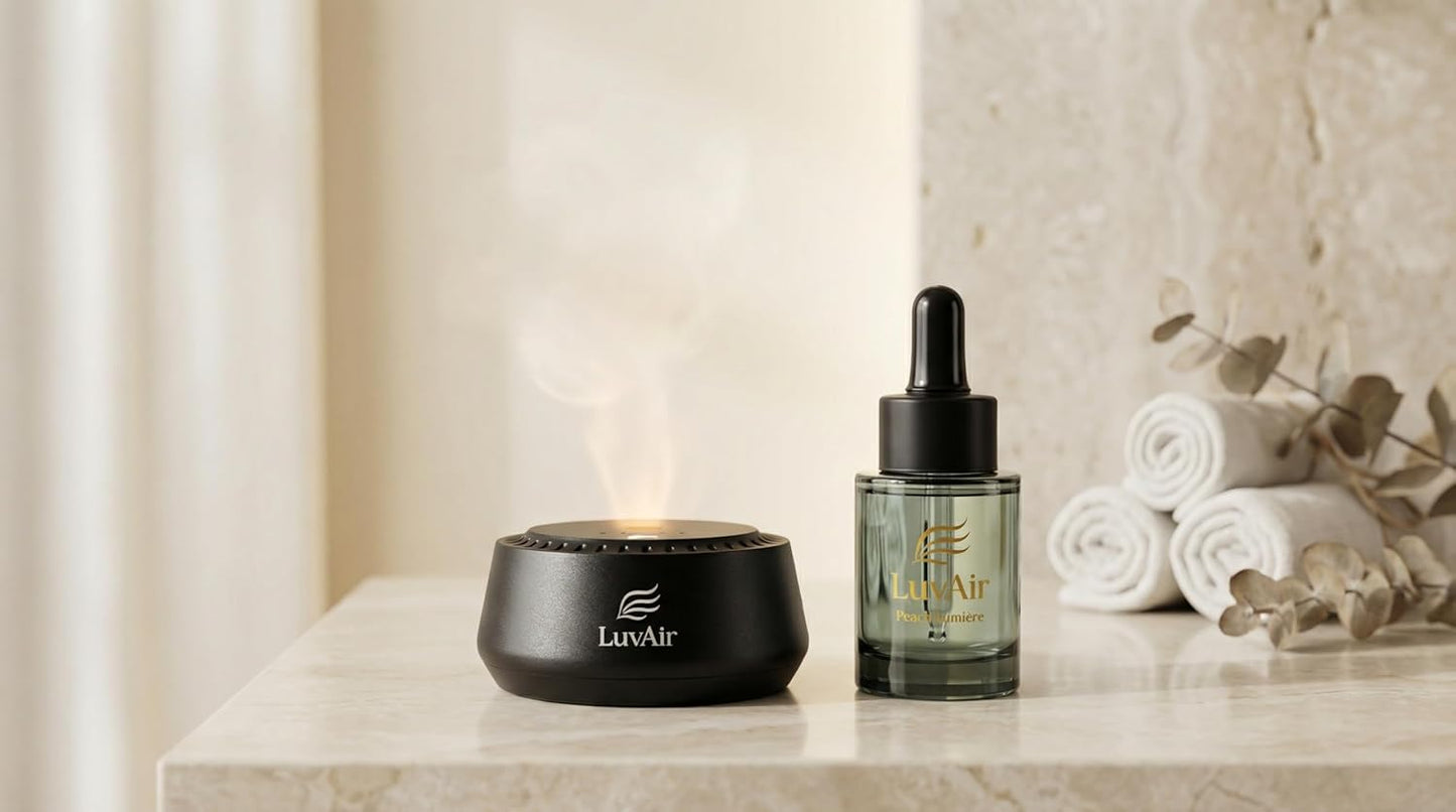 LuvAir Smart waterless car Aroma Diffuser Set, Adjustable Ultra Sonic-Mist Technology, Rechargeable, 100% Natural Fragrance, Aromatherapy Oil Scent Included (Black, Peach Lumiere)