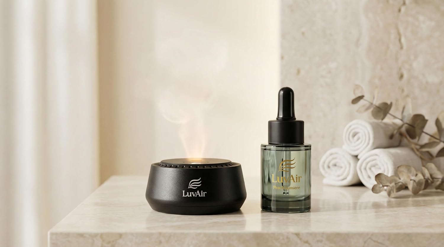 LuvAir Smart waterless car Aroma Diffuser Set, Adjustable Ultra Sonic-Mist Technology, Rechargeable, 100% Natural Fragrance, Aromatherapy Oil Scent Included (Black, Peach Lumiere)