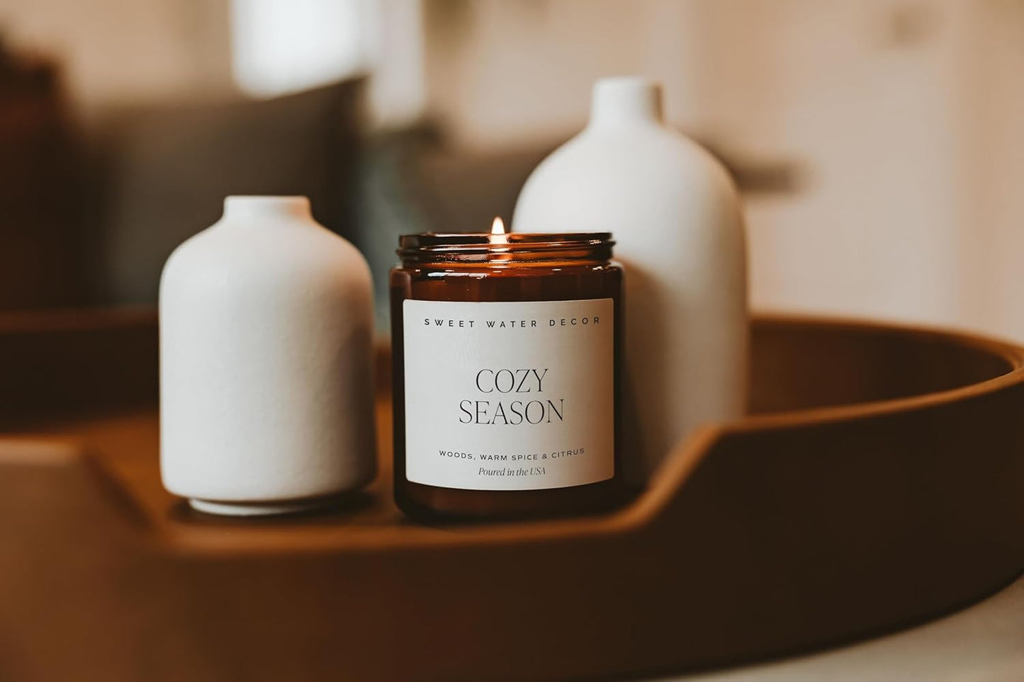Sweet Water Decor Cozy Season Soy Candles - Fall Candles with Woods, Warm Spice, and Citrus Scent for Home Decor - Soy Candle with 40 Hours Burn Time - 9Oz Black Lid Amber Jar Candles Fall Scents
