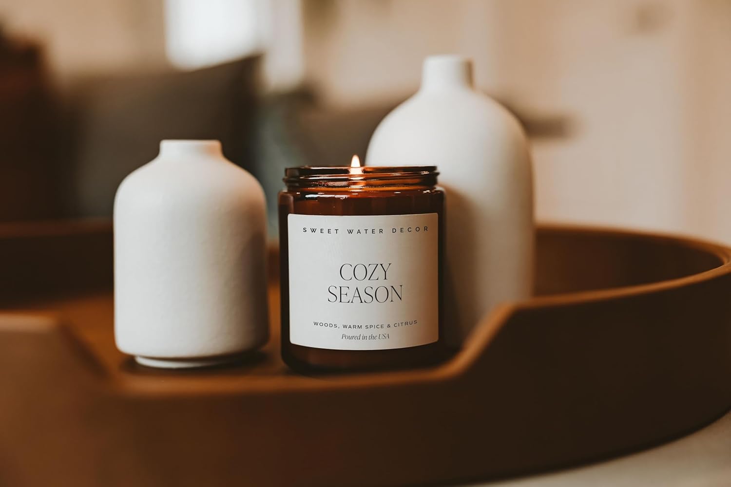 Sweet Water Decor Cozy Season Soy Candles - Fall Candles with Woods, Warm Spice, and Citrus Scent for Home Decor - Soy Candle with 40 Hours Burn Time - 9Oz Black Lid Amber Jar Candles Fall Scents