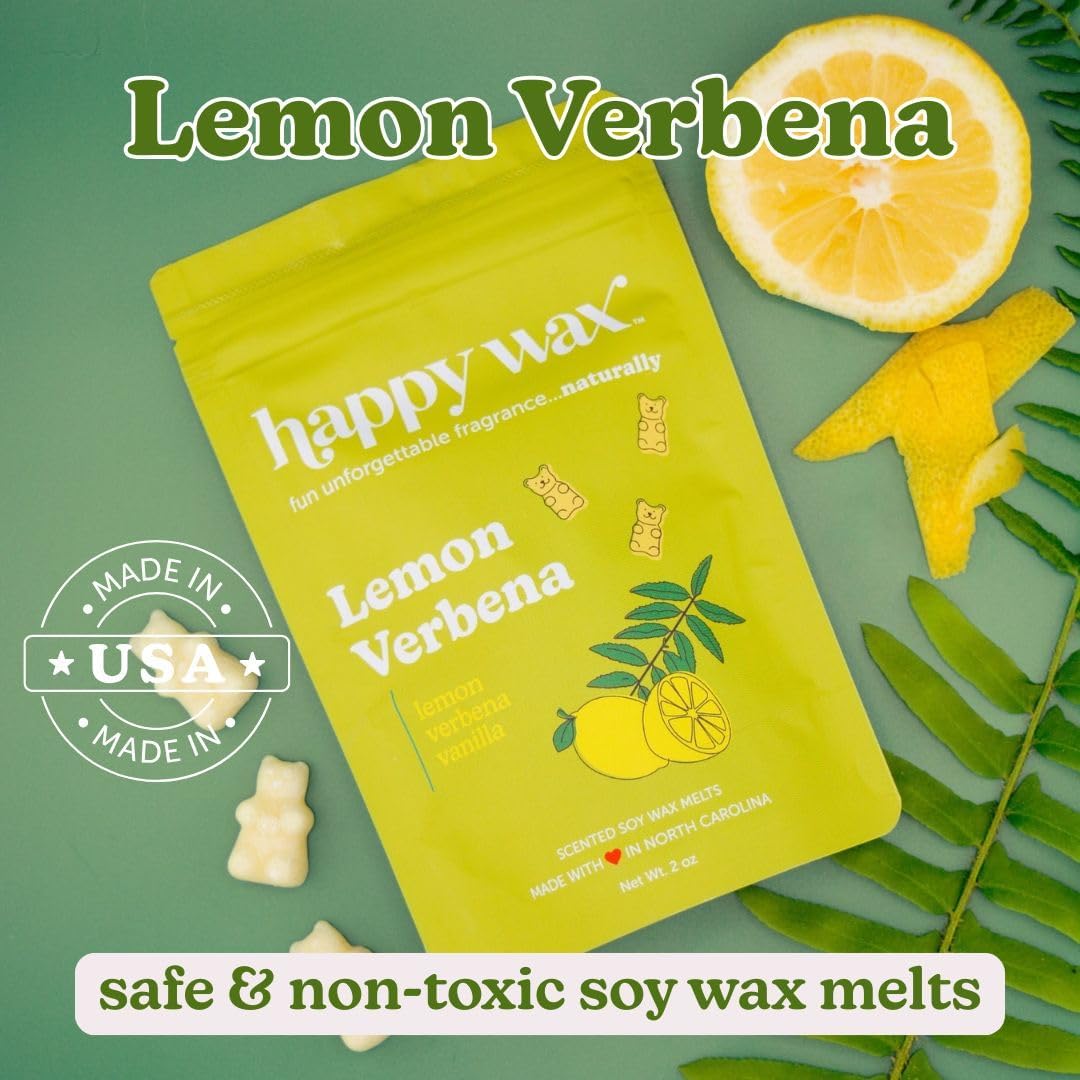 Happy Wax Lemon Verbena Scented Bear Wax Melts - Natural Strong Scented Fresh Infused with Essential Oils - Non Toxic & Wax Melts - (4 oz Pouch)