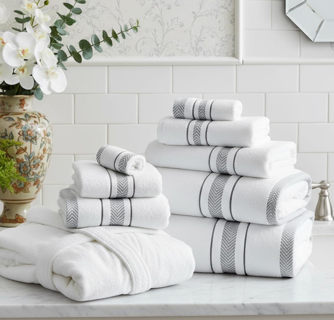 Bath Towels Set for Bathroom – Luxury 6-Piece Cotton Towels, Soft Absorbent & Quick Dry, 600 GSM Bath Towels for Bathroom, Hotel Spa Quality (2 Bath, 2 Hand, 2 Washcloths, White Grey Stripe)