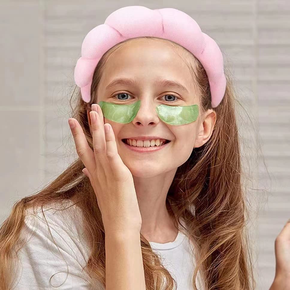 Luckybear Spa Headband for Washing Face, Velvet Makeup Headband, Bubble Skincare Head bands with Face Wash Wristbands Sponge Puff Head band for Women Skin Care - Green
