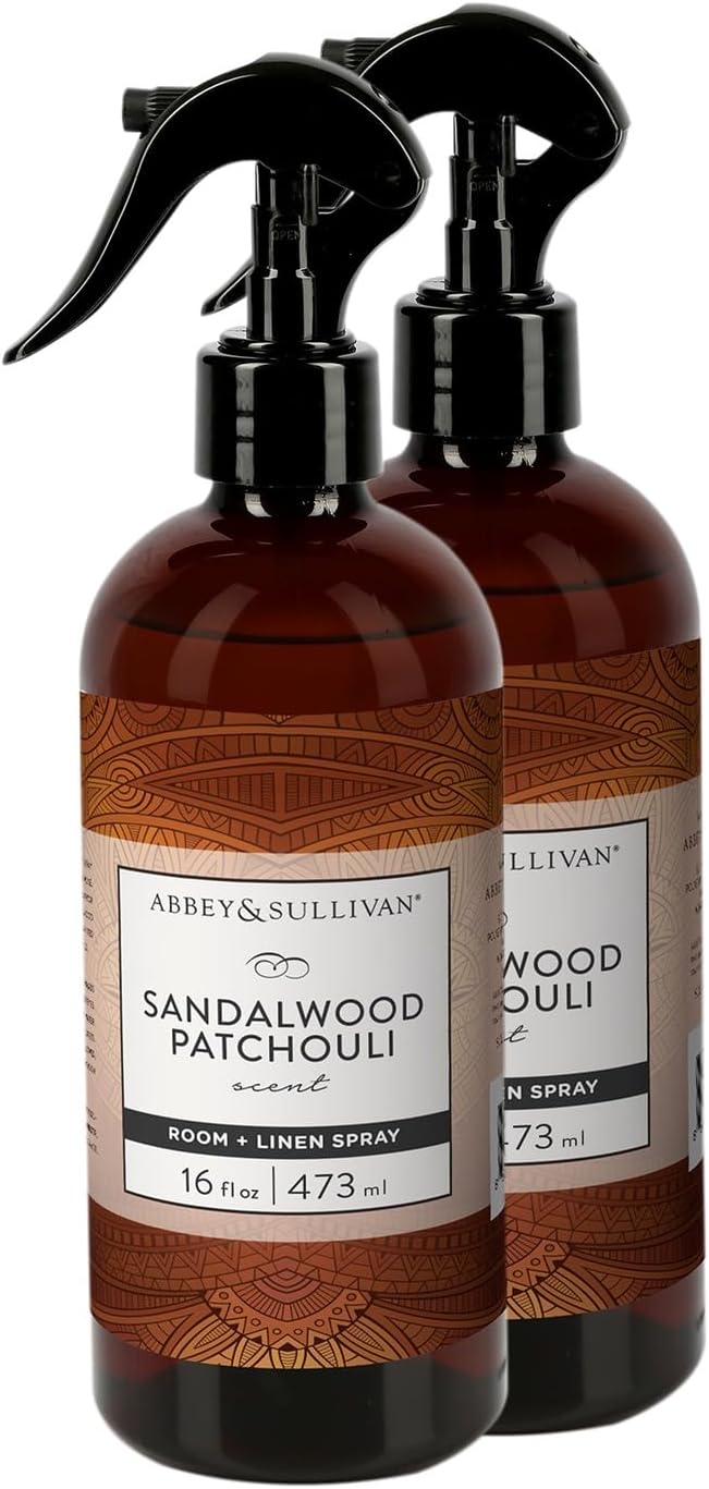 Abbey & Sullivan Linen Spray, Sandalwood & Patchouli, Warm and Earthy Odor Eliminating Scent, Pack of 2, 16 oz