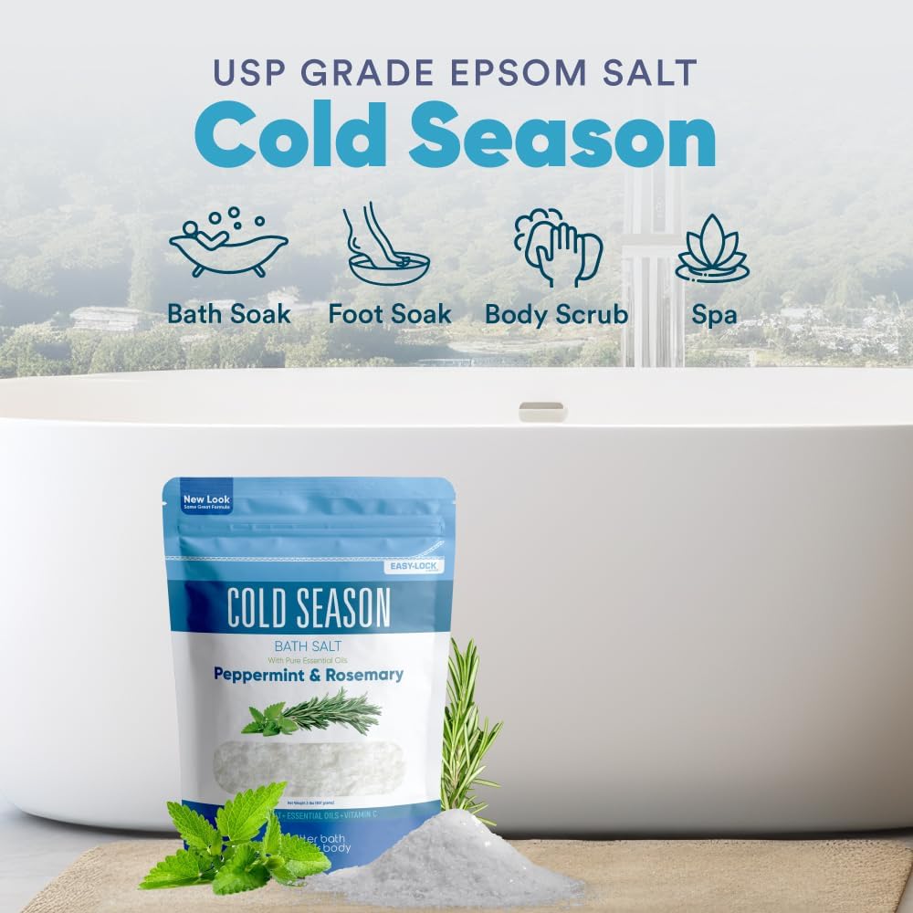 Cold Season Bath Salt 32 Ounces (2 Lbs) USP Grade Epsom Salt with Natural Rosemary and Peppermint Pure Essential Oils Plus Vitamin C in BPA Free Pouch with Easy Press Lock Seal Made in USA