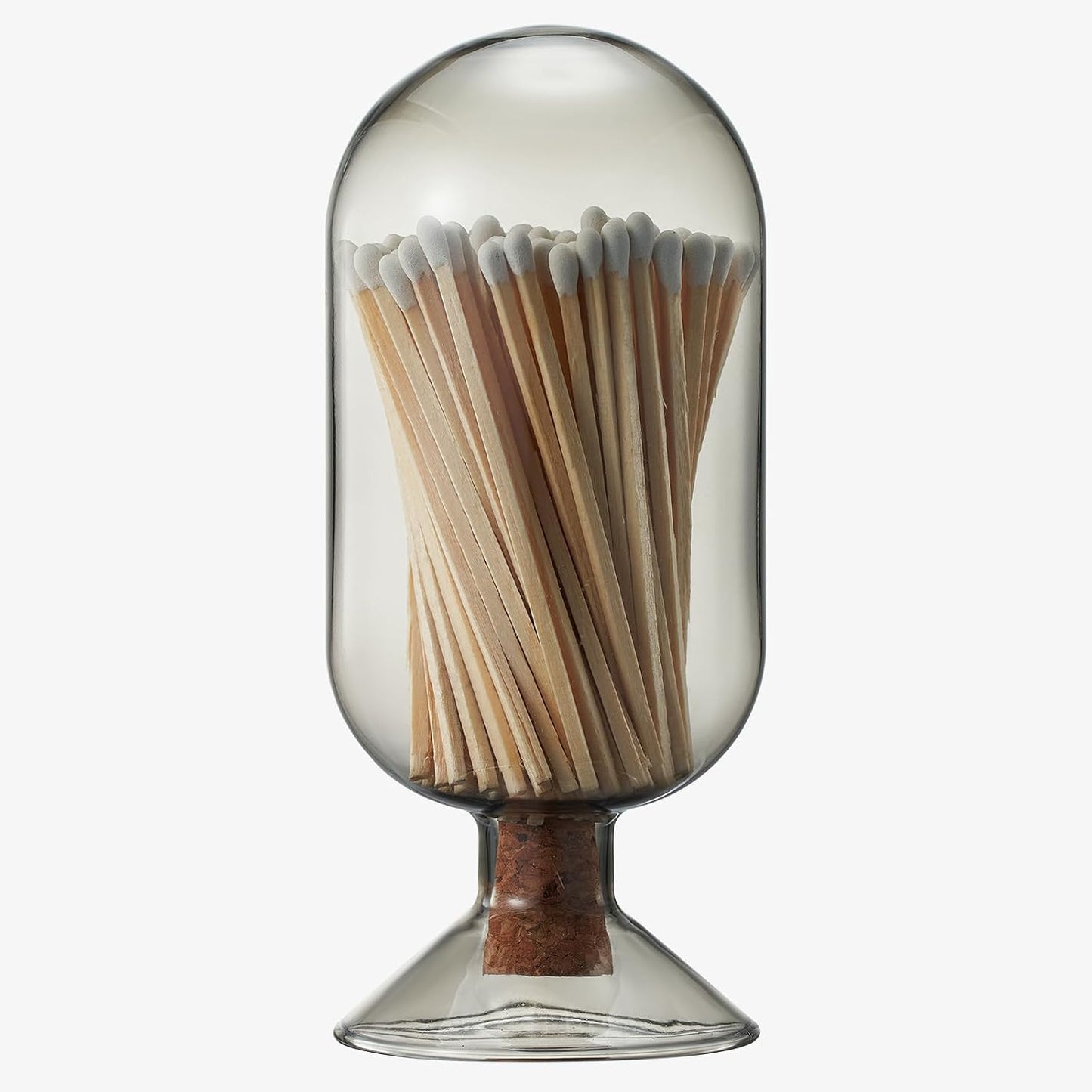 Glass Match Cloche with Striker - Smoke Grey with Cork Stopper - Includes 100 Match Sticks - Perfect for Fireplace, Home, Living Room, Office, Decor, Candle Matches, Gifts for Women Her - 6.7" H X 3"