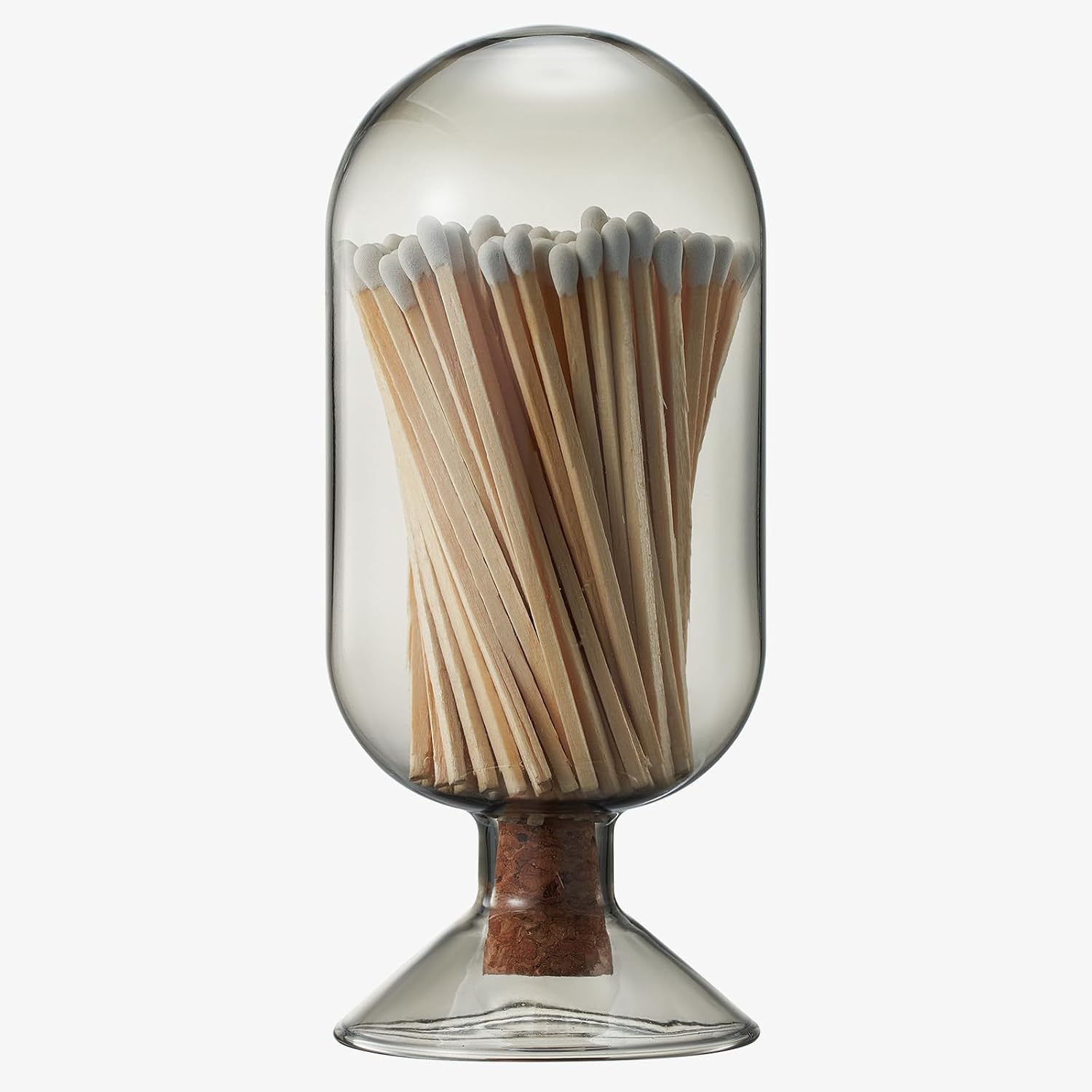 Glass Match Cloche with Striker - Smoke Grey with Cork Stopper - Includes 100 Match Sticks - Perfect for Fireplace, Home, Living Room, Office, Decor, Candle Matches, Gifts for Women Her - 6.7" H X 3"