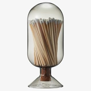 Glass Match Cloche with Striker - Smoke Grey with Cork Stopper - Includes 100 Match Sticks - Perfect for Fireplace, Home, Living Room, Office, Decor, Candle Matches, Gifts for Women Her - 6.7" H X 3"