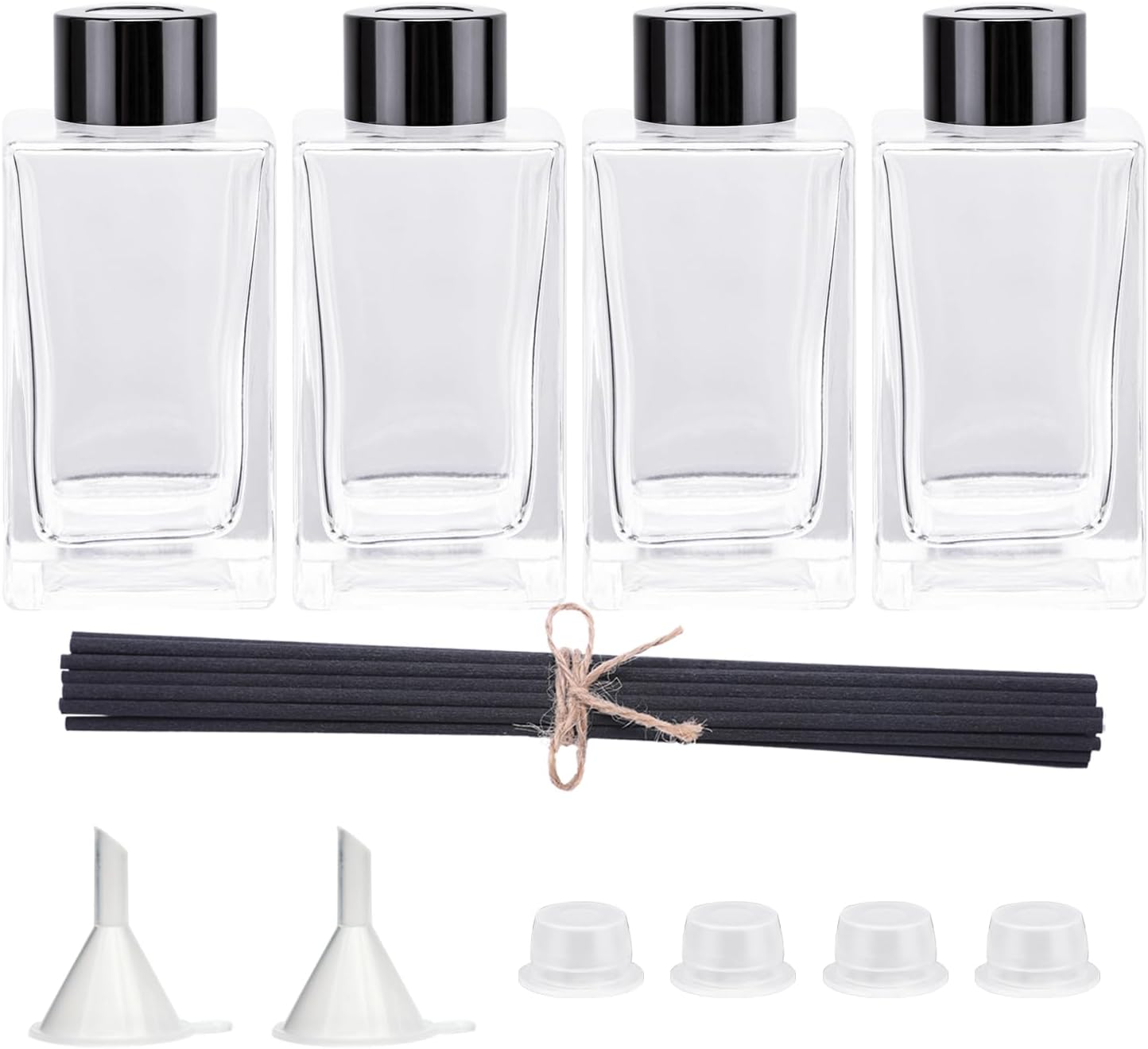 4PCS Empty Glass Fragrance Reed Diffuser Bottles, Refillable Diffuser Bottles with 20pcs Reeds Sticks & Black Caps & Funnel, Diffuser Jars for Home Oil Fragrance Decoration (100ML)