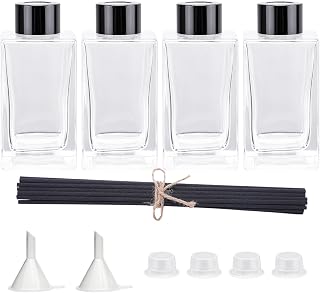 4PCS Empty Glass Fragrance Reed Diffuser Bottles, Refillable Diffuser Bottles with 20pcs Reeds Sticks & Black Caps & Funnel, Diffuser Jars for Home Oil Fragrance Decoration (100ML)