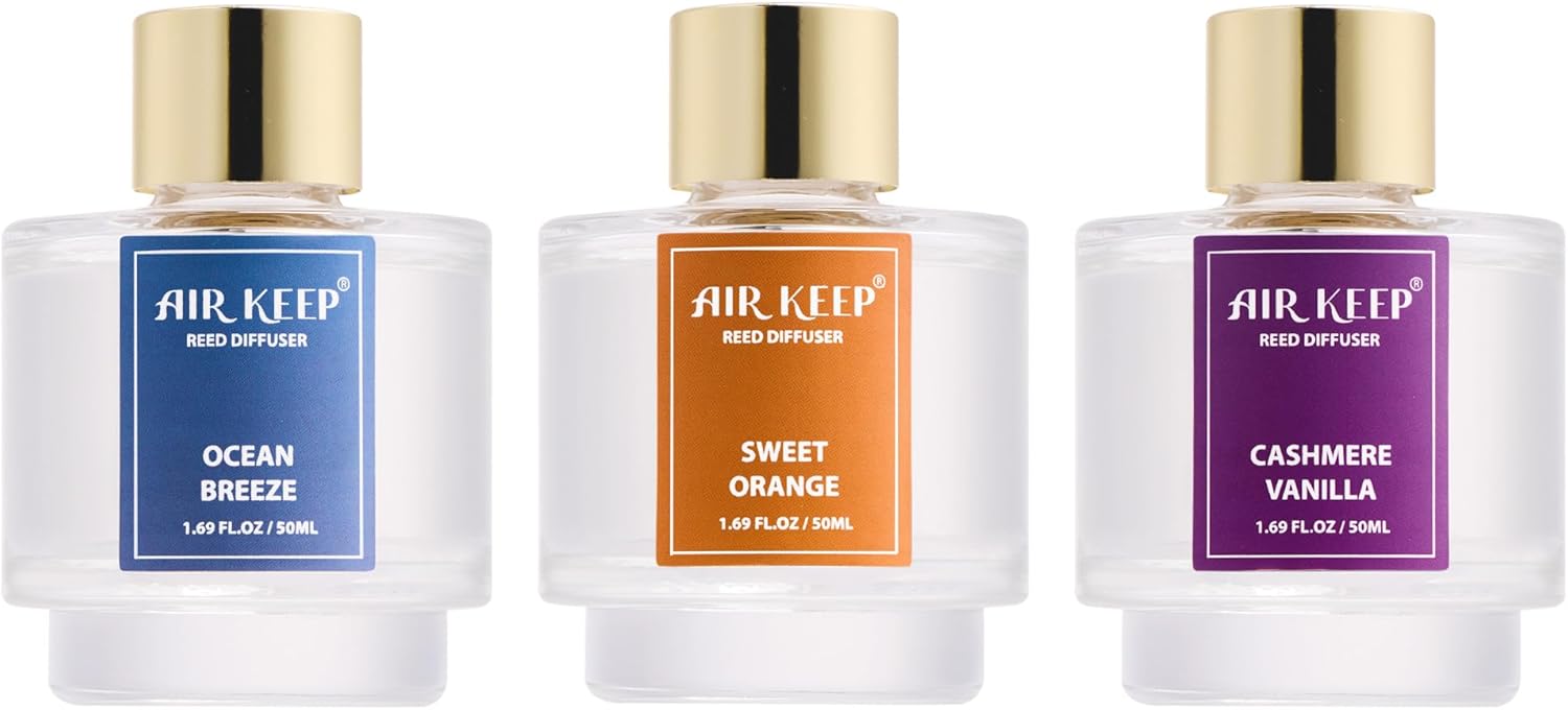 Airkeep Reed Diffuser Set of 3, Ocean Breeze Sweet Orange Cashmere Vanilla Oil Reed Diffusers for Bedroom Living Room Office Aromatherapy Oil Reed Diffuser for Gift 50ml x 3