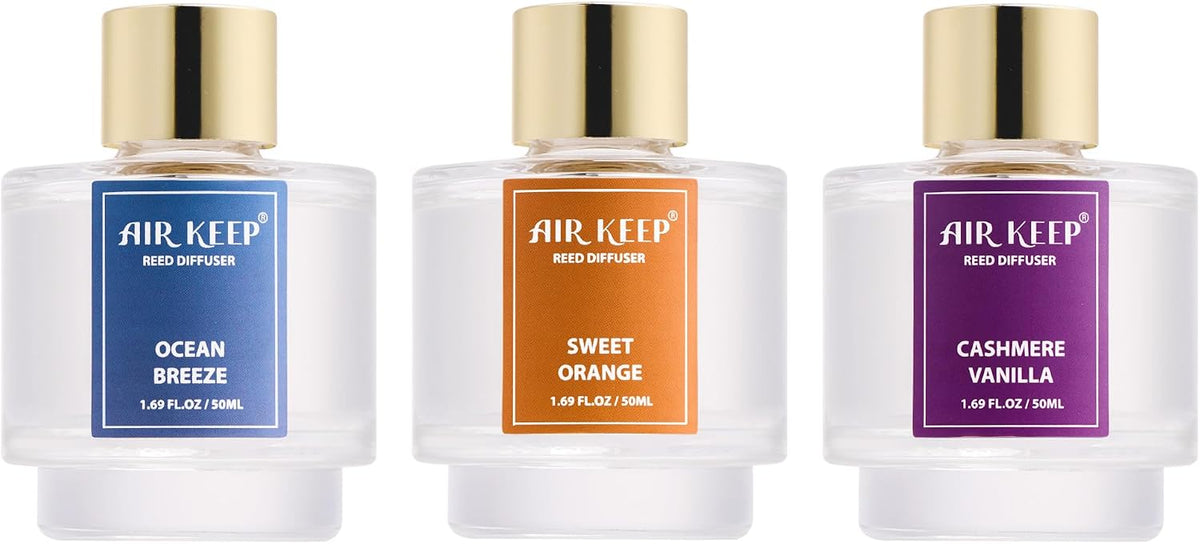 Airkeep Reed Diffuser Set of 3, Ocean Breeze Sweet Orange Cashmere Vanilla Oil Reed Diffusers for Bedroom Living Room Office