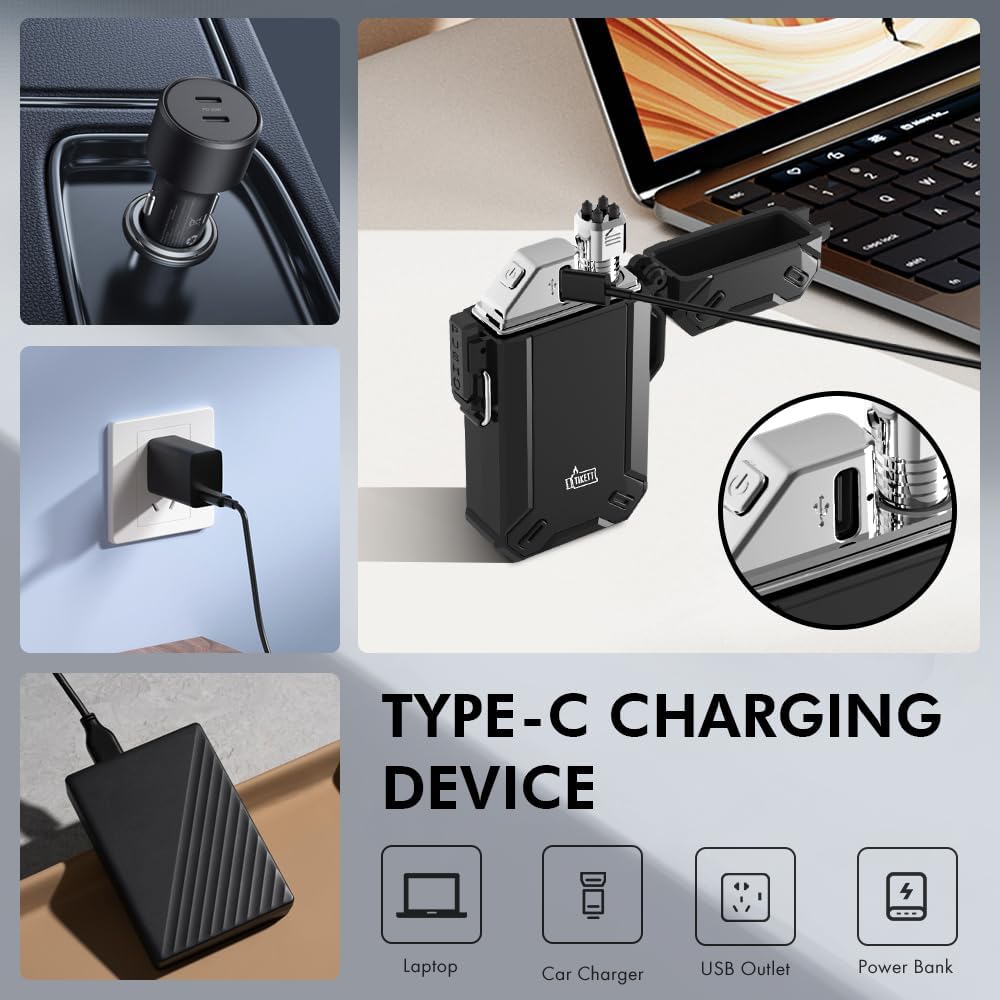 Dual Arc USB Rechargeable Electric Camp Lighter with Retractable Flexible Long Neck Waterproof Windproof Lighter for Outdoor, Grill and Candle (Black)