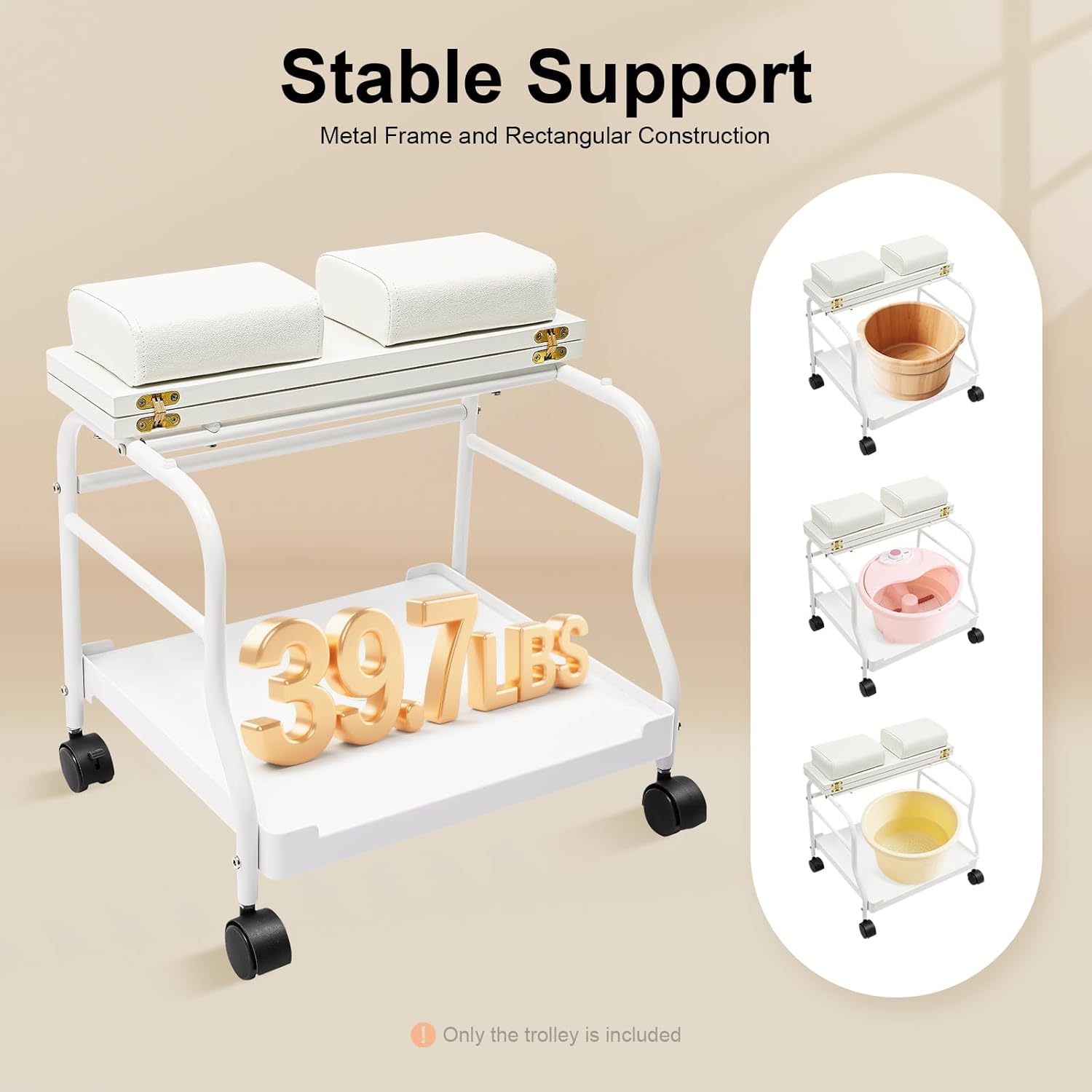 Foot Bath Trolley, Floorstanding Pedicure Foot Spa Trolley, Pedicure Foot Rest with 4 Plastic Universal Silent Wheels and Collapsible Board, Portable Footrest Stand Cart for Beauty Parlor Bathroom