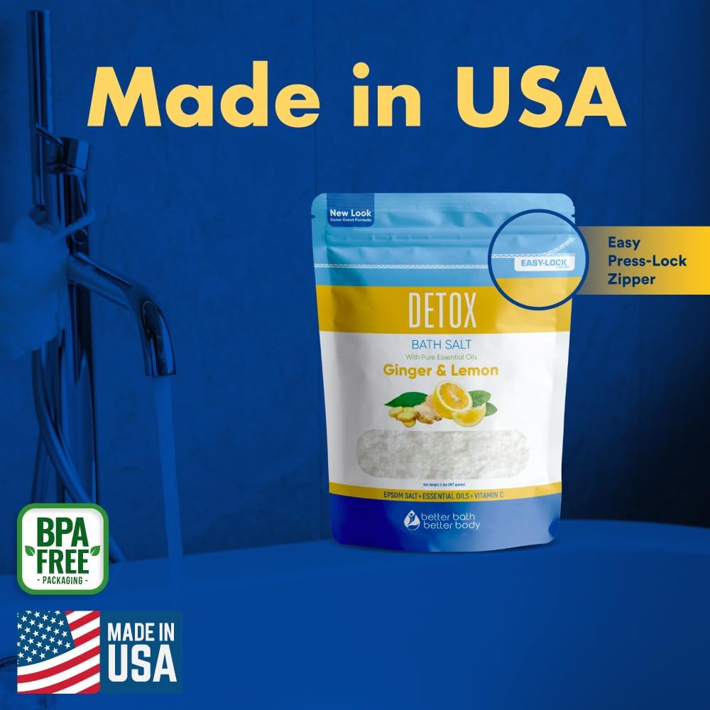 Detox Bath Salt 32 Ounces (2 Lbs) USP Grade Epsom Salt with Natural Ginger and Lemon Essential Oils Plus Vitamin C in BPA Free Pouch with Easy Press Lock Seal Made in USA