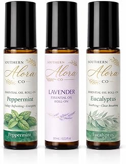 Southern Alora Essential Oils Roll On Set – Peppermint, Lavender & Eucalyptus Aromatherapy for Relaxation and Stress Support – Travel Size Essential Oil Roller, Self Care Gifts for Women