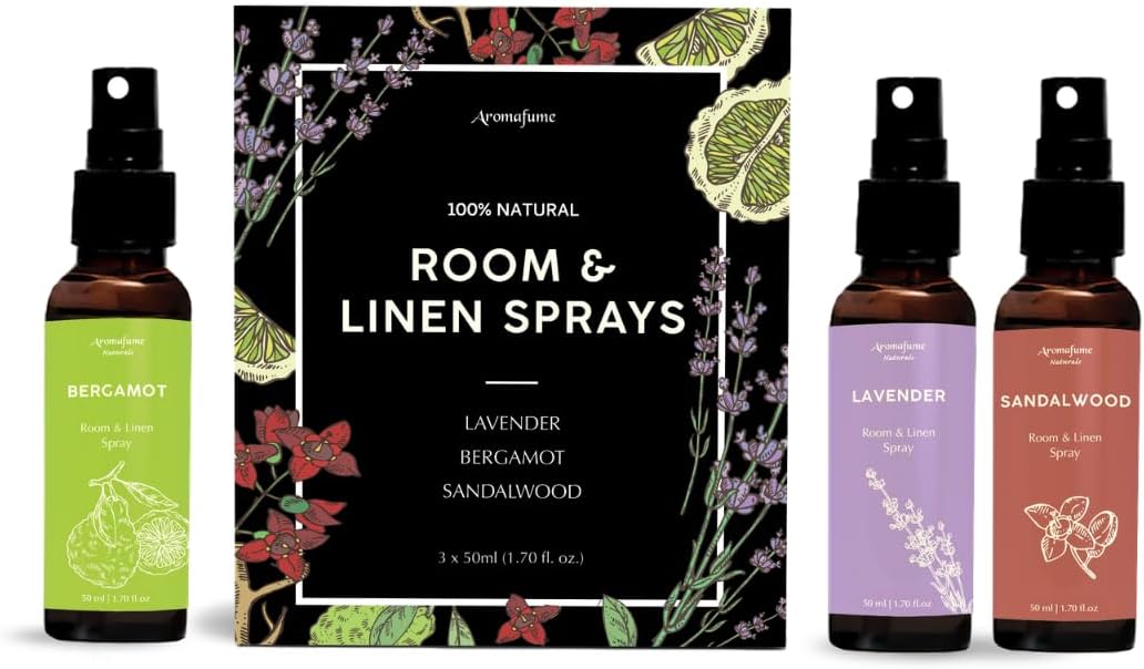 Lavender, Bergamot & Sandalwood Room & Linen Mist Gift Set by Aromafume | 3x50ml Natural Air Freshener Spray for Home, Fabric, Bedding & Pillows | Aromatherapy Fragrance, Relaxing & Calming Scent