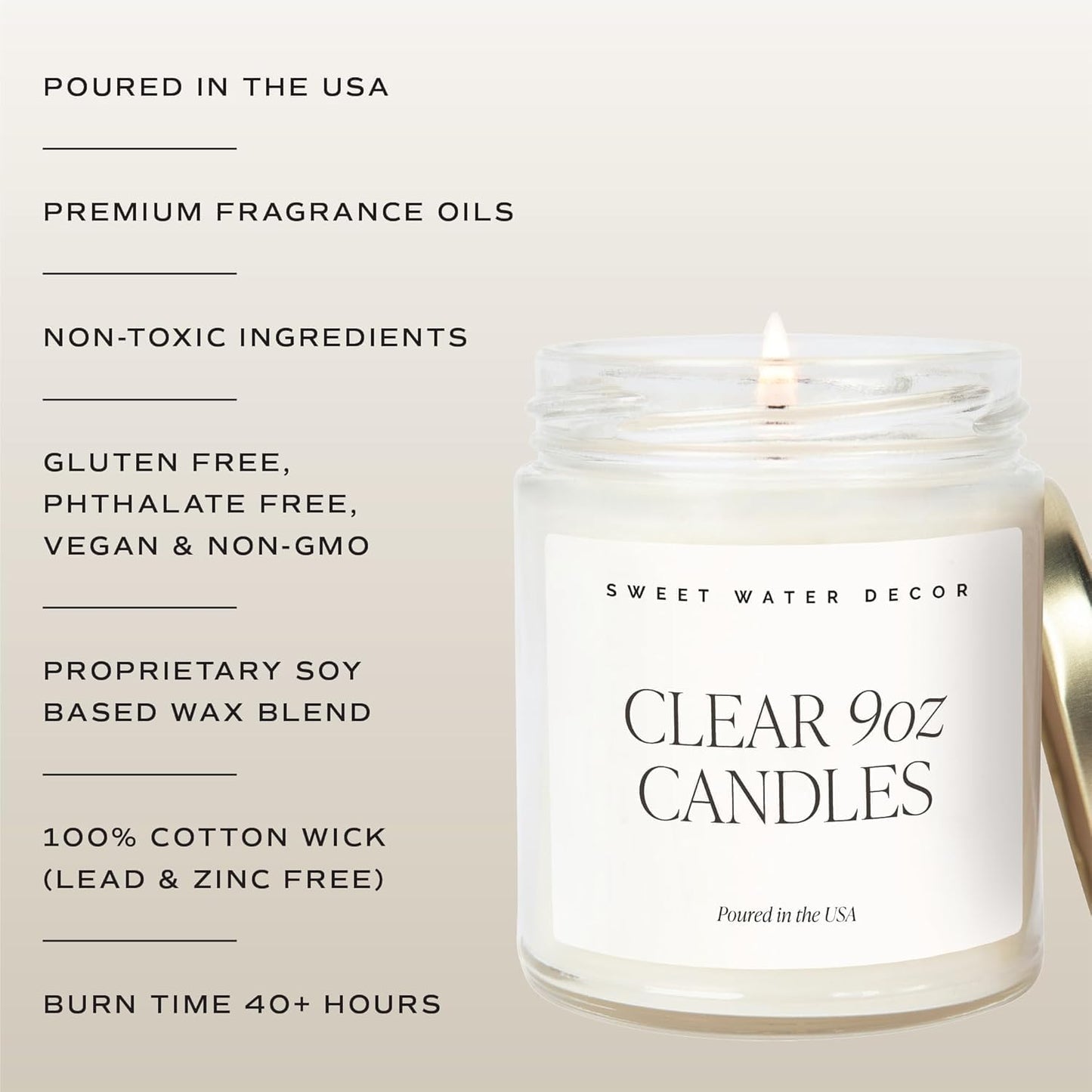 Sweet Water Decor Coastal Lemon Non Toxic Candle – Soy Candle with Lemon, Sea Salt, Woods, Jasmine Aroma – 40 Hour Burn – 9oz Clear Glass Jar – Fresh Mediterranean Home Fragrance