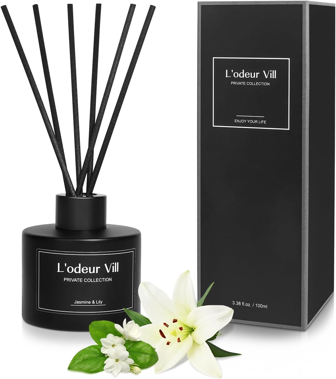 Reed Diffuser, 3.4oz(100ml) Jasmine & Lily Reed Diffuser Set with 6 Oil Diffuser Sticks, Matte Black Aroma Scent Diffuser, Long Lasting Home Fragrance for Bathroom Shelf Decor