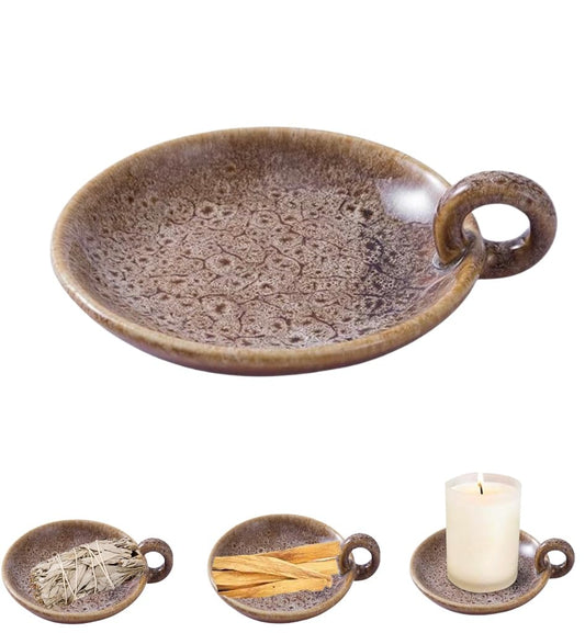 1pack Vintage Ceramic Candle Holders with Handle, Round Farmhouse Ceramic Plate Tray,Sage Holder for Burning,Incense Holder